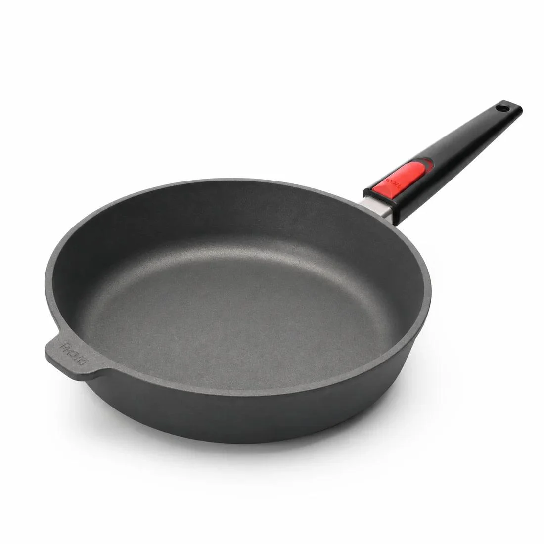 Schwarze Woll Pfanne mit abnehmbarem Griff und rotem Verschluss