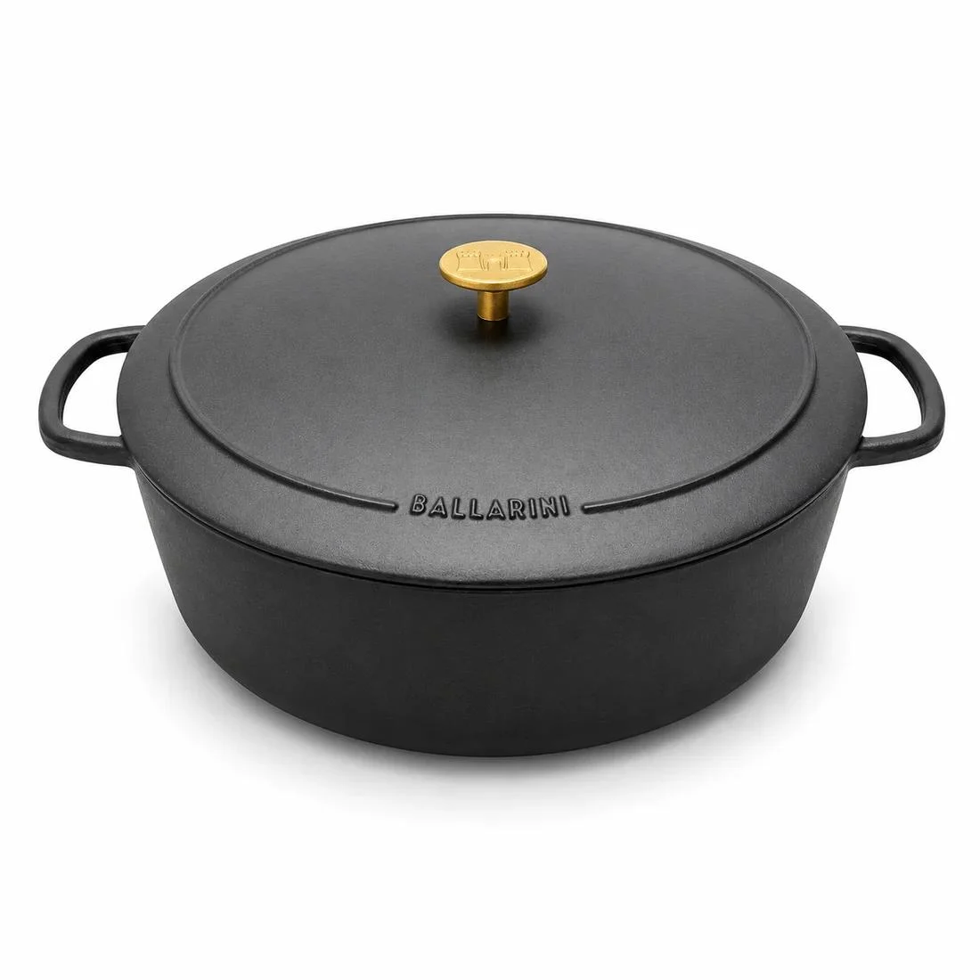 Schwarzer Ballarini Bräter mit Deckel und goldfarbenem Knauf
